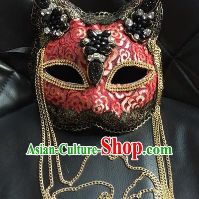 Top Grade Halloween Masquerade Accessories Mask, Brazilian Carnival Red Tassel Cat Mask Veil for Women