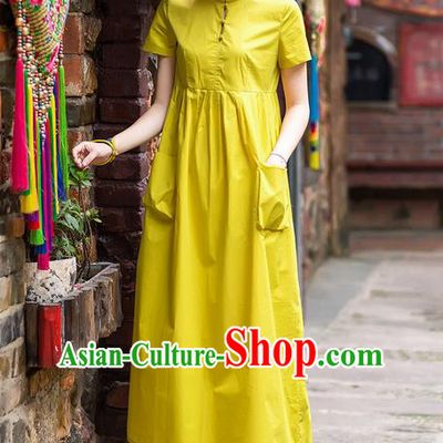 Traditional Chinese Costume Elegant Hanfu Dress, China Tang Suit Plated Buttons Cheongsam Yellow Qipao Dress Clothing for Women