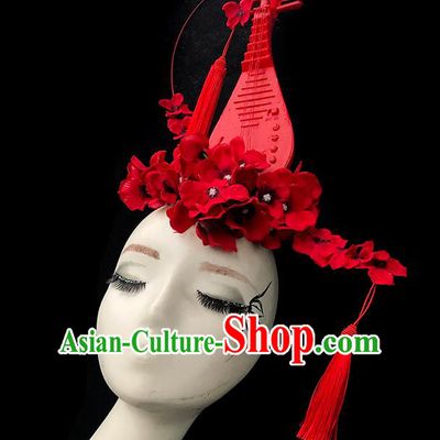 Top Grade Chinese Traditional Halloween Hair Accessories, China Style Cosplay Red Lute Headwear Catwalks Headpiece for Women