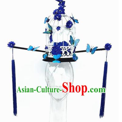 Top Grade Chinese Traditional Halloween Hair Accessories, China Style Cosplay Blue Butterfly Flowers Headwear Catwalks Headpiece for Women