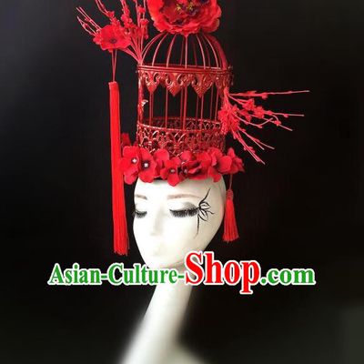 Top Grade Chinese Traditional Halloween Hair Accessories, China Style Cosplay Red Birdcage Headwear Catwalks Headpiece for Women