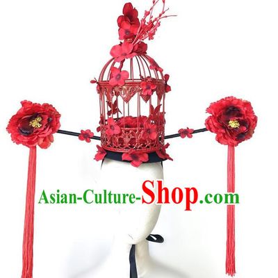 Top Grade Chinese Traditional Halloween Red Peony Hair Accessories, China Style Cosplay Birdcage Headwear Catwalks Headpiece for Women