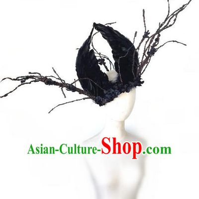 Top Grade Halloween Masquerade Ceremonial Occasions Handmade Model Show Baroque Headwear, Brazilian Carnival Black Feather Headdress for Women