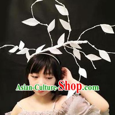 Top Grade Halloween Masquerade Ceremonial Occasions Handmade Model Show Baroque White Leaf Headwear, Brazilian Carnival Hair Clasp Headdress for Women