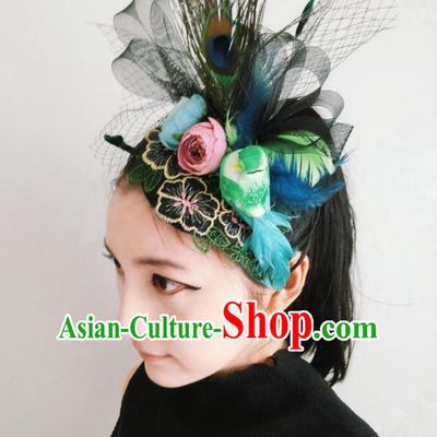 Top Grade Halloween Masquerade Ceremonial Occasions Handmade Model Show Baroque Black Veil Feather Hair Accessories Flowers Headdress for Women