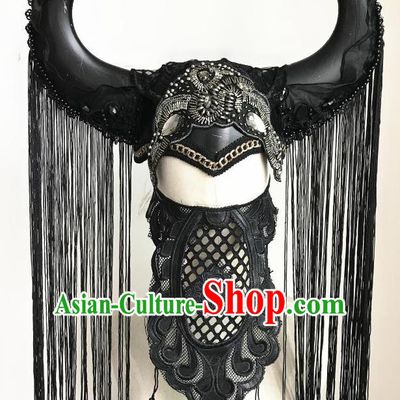 Top Grade Halloween Masquerade Ceremonial Occasions Handmade Model Show Black Ox Horn Hair Accessories Headdress Tassel Pirate Hat for Women