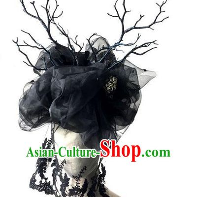 Top Grade Halloween Masquerade Ceremonial Occasions Handmade Model Show Black Veil Hair Accessories Headdress Vintage Princess Hat for Women