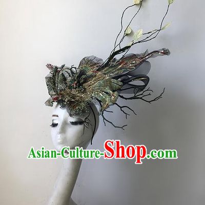 Top Grade Halloween Masquerade Ceremonial Occasions Handmade Model Show Embroidery Phoenix Hair Accessories Headdress Vintage Princess Hair Clasp for Women