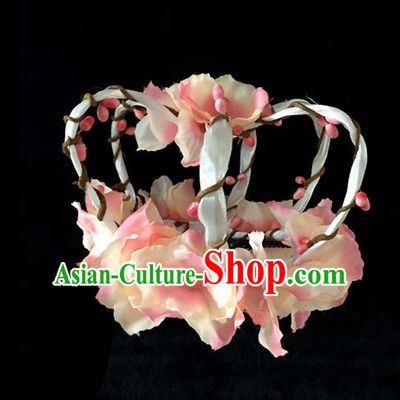 Top Grade Chinese Theatrical Headdress Ornamental Pink Flowers Hair Accessories, Ceremonial Occasions Handmade Halloween Royal Crown for Women