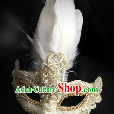 Top Grade Chinese Theatrical Luxury Headdress Ornamental Feather Mask, Halloween Fancy Ball Ceremonial Occasions Handmade White Face Mask for Men