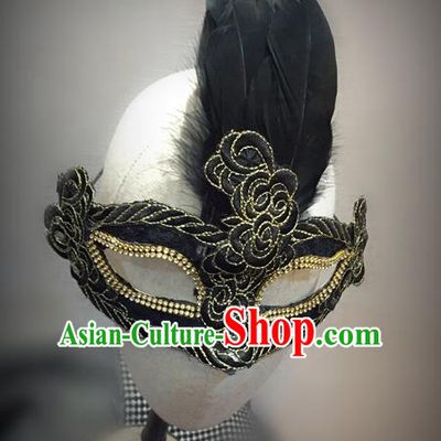 Top Grade Chinese Theatrical Luxury Headdress Ornamental Feather Mask, Halloween Fancy Ball Ceremonial Occasions Handmade Black Face Mask for Men