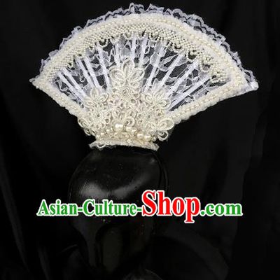 Top Grade Chinese Theatrical Luxury Headdress Ornamental White Lace Hair Clasp, Halloween Fancy Ball Asian Headpiece Headpieces Model Show Headwear for Women