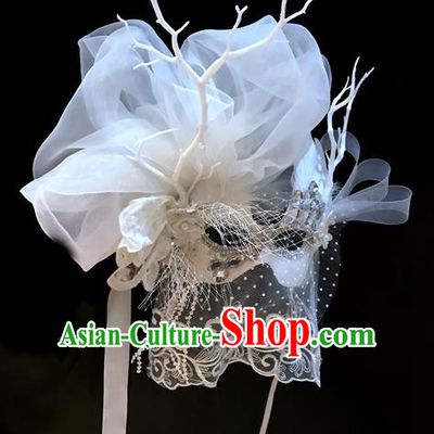 Top Grade Chinese Theatrical Luxury Headdress Ornamental White Veil Mask, Halloween Fancy Ball Asian Headpieces Model Show Headwear for Women