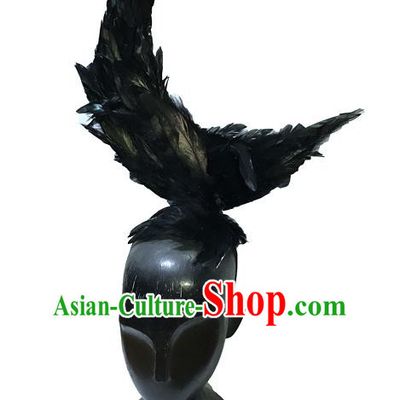 Top Grade Chinese Theatrical Luxury Headdress Ornamental Black Feather Headwear, Halloween Fancy Ball Asian Headpieces Model Show Feather Hair Accessories for Men