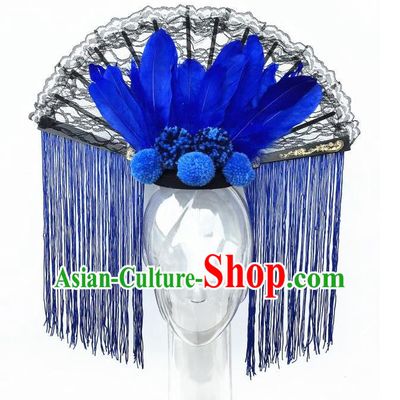 Top Grade Chinese Asian Headpiece Headpieces Model Show Blue Tassel Headdress, Ceremonial Occasions Handmade Traditional Ornamental Flowers Floral Headdress for Women