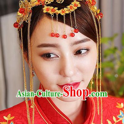 Traditional Handmade Chinese Ancient Classical Hair Accessories Bride Wedding Barrettes Tassel Hair Clasp, Xiuhe Suit Hair Jewellery Hair Fascinators Hairpins for Women