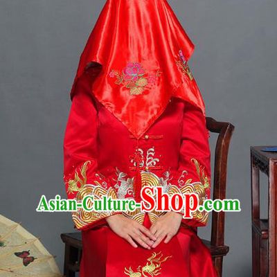 Traditional Ancient Chinese Wedding Embroidery Red Veil, Chinese Style Wedding Red Bridal Veil for Women