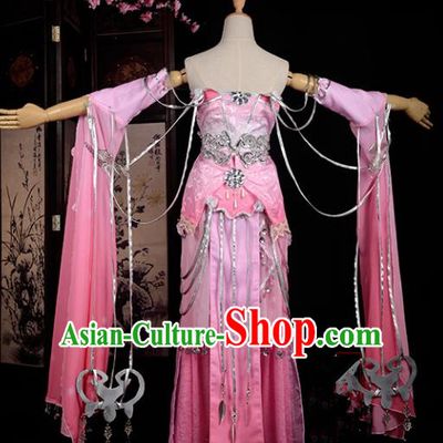 Chinese Ancient Cosplay Han Dynasty Young Lady Water Sleeve Costumes, Chinese Traditional Pink Dress Clothing Chinese Cosplay Swordsman Costume for Women