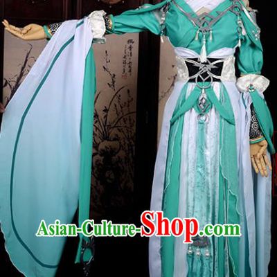 Chinese Ancient Cosplay Tang Dynasty Swordswoman Costumes, Chinese Traditional Green Hanfu Dress Clothing Chinese Cosplay Imperial Princess Costume for Women
