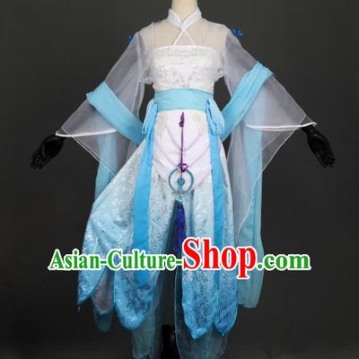 Chinese Ancient Cosplay Han Dynasty Young Lady Costumes, Chinese Traditional Embroidery Blue Hanfu Dress Clothing Chinese Swordswoman Fairy Costume for Women