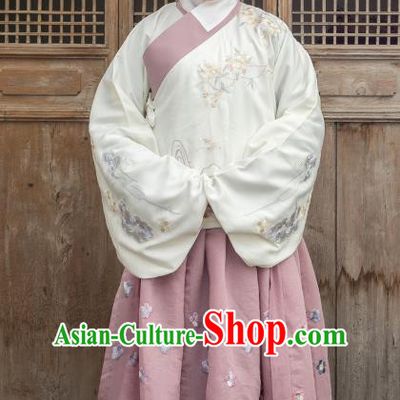 Traditional Ancient Chinese Ming Dynasty Imperial Princess Costume Embroidery Slant Opening Blouse, Elegant Hanfu Clothing Chinese Palace Lady Sleeve Placket Shirts for Women