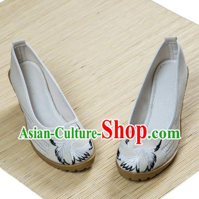 Traditional Chinese Ancient Cloth Shoes, China Princess Satin Shoes Hanfu Handmade Embroidery Crane White Shoe for Women