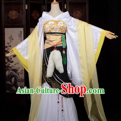 Chinese Ancient Cosplay Tang Dynasty Princess Embroidery Yellow Dress, Chinese Traditional Hanfu Clothing Chinese Fairy Costume for Women