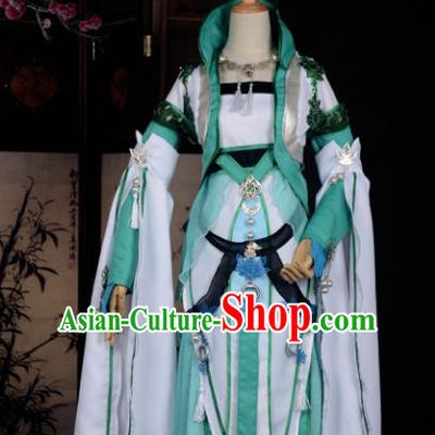 Chinese Ancient Cosplay Tang Dynasty Chivalrous Lady Embroidery Green Dress, Chinese Traditional Hanfu Clothing Chinese Fairy Costume for Women