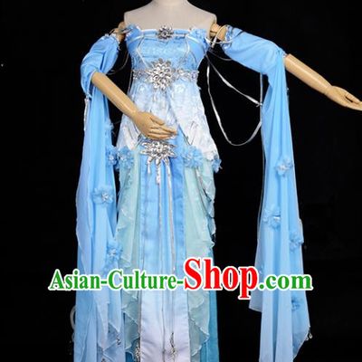 Chinese Ancient Cosplay Tang Dynasty Chivalrous Lady Embroidery Blue Dress, Chinese Traditional Hanfu Clothing Chinese Fairy Costume for Women