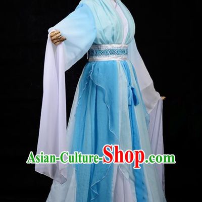 Chinese Ancient Cosplay Tang Dynasty Palace Lady Embroidery Blue Water Sleeve Dress, Chinese Traditional Hanfu Clothing Chinese Princess Fairy Costume for Women