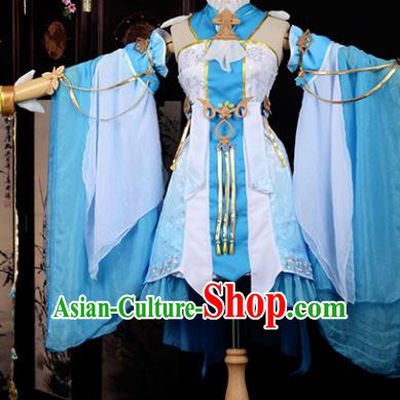Chinese Ancient Cosplay Tang Dynasty Young Lady Embroidery Blue Dress, Chinese Traditional Hanfu Clothing Chinese Princess Fairy Costume for Women