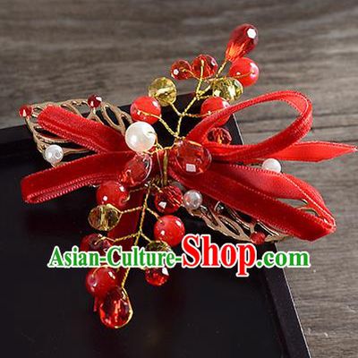 Traditional Handmade Chinese Ancient Classical Wedding Hair Accessories Bride Red Bowknot Hair Stick, China Princess Hairpins Headwear for Women