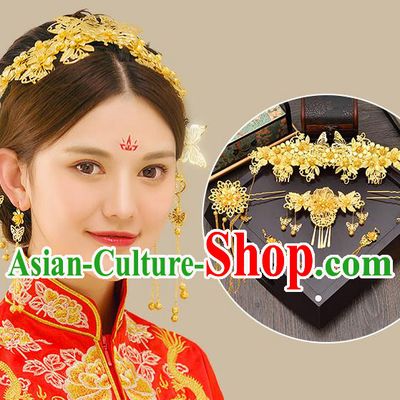 Traditional Handmade Chinese Ancient Classical Hair Accessories Xiuhe Suit Golden Hairpin Complete Set, Tassel Step Shake Hair Sticks Hair Jewellery Hair Fascinators for Women