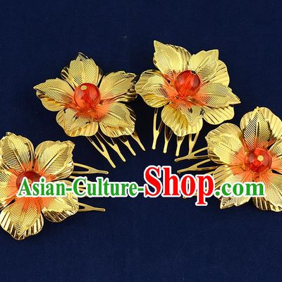 Traditional Handmade Chinese Ancient Classical Hair Accessories Xiuhe Suit Golden Flower Hairpin Hair Comb, Hair Sticks Hair Jewellery Hair Fascinators for Women
