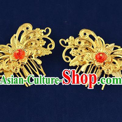 Traditional Handmade Chinese Ancient Classical Hair Accessories Xiuhe Suit Golden Butterfly Flower Hairpin Hair Comb, Hair Sticks Hair Jewellery Hair Fascinators for Women