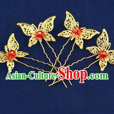 Traditional Handmade Chinese Ancient Classical Hair Accessories Xiuhe Suit Red Beads Butterfly Hairpin Hair Comb, Hair Sticks Hair Jewellery Hair Fascinators for Women