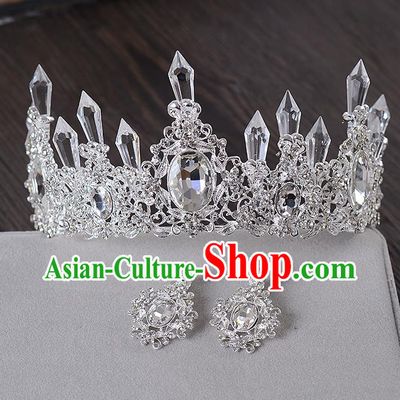Top Grade Handmade Chinese Classical Hair Accessories Baroque Style Crystal Queen Royal Crown and Earrings, Hair Sticks Hair Jewellery Hair Clasp for Women