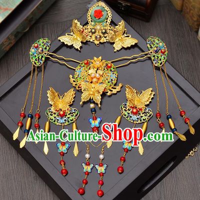 Traditional Handmade Chinese Ancient Classical Hair Accessories Xiuhe Suit Butterfly Hairpin Cloisonn Phoenix Coronet Complete Set, Hair Sticks Hair Jewellery Hair Fascinators for Women