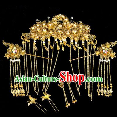 Traditional Handmade Chinese Ancient Classical Hair Accessories Xiuhe Suit Golden Butterfly Pearl Tassel Hairpin Phoenix Coronet Complete Set, Hair Sticks Hair Jewellery Hair Fascinators for Women