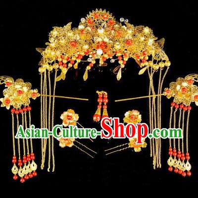 Traditional Handmade Chinese Ancient Classical Hair Accessories Xiuhe Suit Golden Butterfly Tassel Hairpin Phoenix Coronet Complete Set, Hair Sticks Hair Jewellery Hair Fascinators for Women
