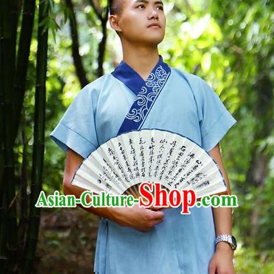 Traditional Chinese Han Dynasty Nobility Childe Hanfu Costume Slant Opening Blue Shirt, China Ancient Martial Arts Embroidery Upper Garment Clothing for Men
