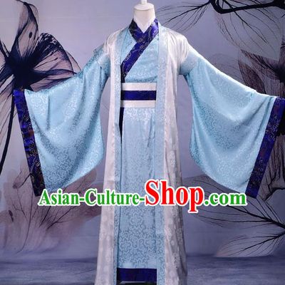 Traditional Chinese Han Dynasty Nobility Childe Hanfu Costume Blue Long Robe, China Ancient Minister Scholar Clothing for Men