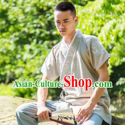 Traditional Ancient Chinese National Costume Hanfu Beige Shirts, China Tang Suit Upper Outer Garment Embroidery Clothing for Men