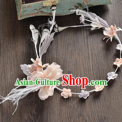 Top Grade Handmade Chinese Classical Hair Accessories Baroque Style Light Pink Flowers Feather Garland, Bride Hair Sticks Hair Clasp for Women