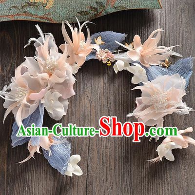 Top Grade Handmade Chinese Classical Hair Accessories Baroque Style Pink Flowers Feather Garland, Bride Hair Sticks Hair Clasp for Women