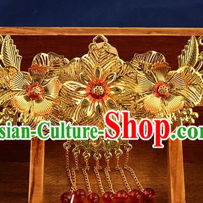 Traditional Handmade Chinese Ancient Classical Hair Accessories Xiuhe Suit Golden Tassel Hair Comb, Hair Sticks Hair Jewellery Hair Fascinators for Women