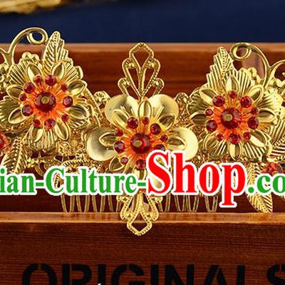 Traditional Handmade Chinese Ancient Classical Hair Accessories Xiuhe Suit Golden Flowers Hair Comb, Hair Sticks Hair Jewellery Hair Fascinators for Women