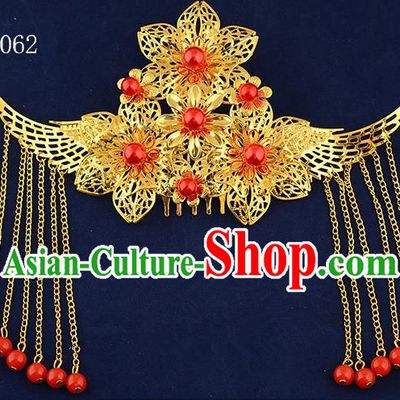 Traditional Handmade Chinese Ancient Classical Hair Accessories Xiuhe Suit Golden Flowers Tassel Hair Comb, Hair Sticks Hair Jewellery Hair Fascinators for Women