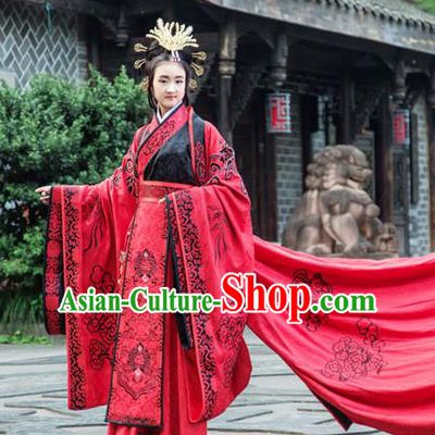 Traditional Chinese Han Dynasty Princess Hanfu Wedding Costume, China Ancient Red Dress Palace Queen Peri Embroidery Clothing for Women