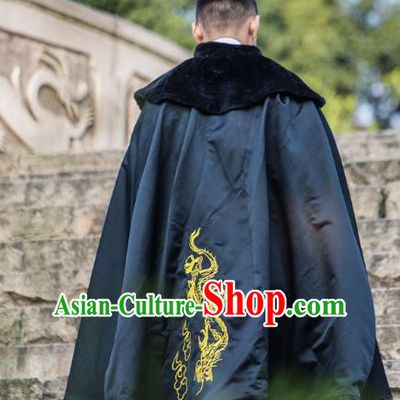 Traditional Chinese Han Dynasty Prince Hanfu Costume Black Cloak, China Ancient Scholar Embroidery Cape Clothing for Men
